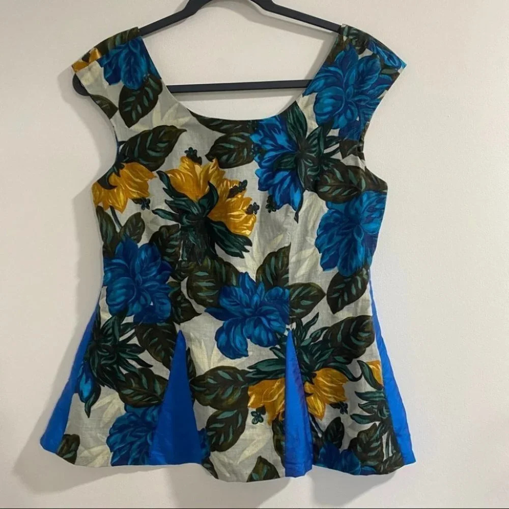 Carole Little Blue & Yellow Floral Peplum Top